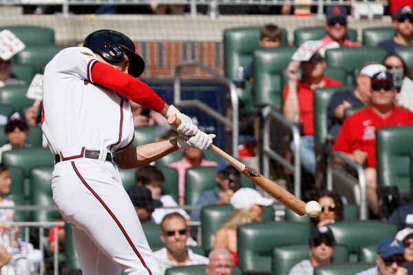 Braves first baseman Matt Olson (28) hits a two-RBI single during the first inning at Truist Park at Truist Park on Sunday, October 1, 2023, in Atlanta. Miguel Martinez / miguel.martinezjimenez@ajc.com 