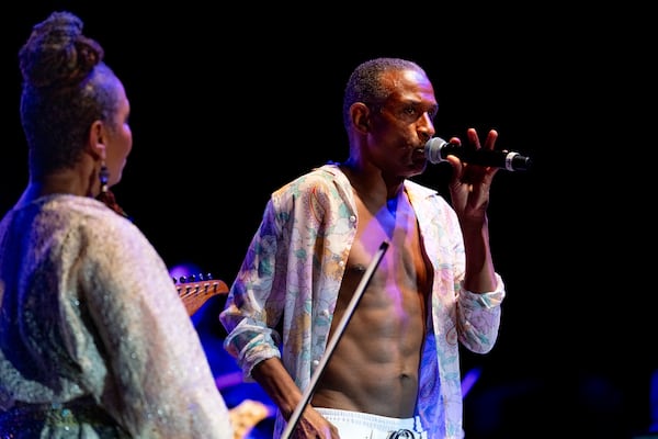 Comedian and musician Tommy Davidson performs on stage. The Stockbridge Amphitheater was host to the Karen Briggs Contempo Orchestra on Saturday, July 6, 2024 (Ben Hendren for the Atlanta Journal-Constitution)