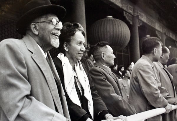 Copy photographs of W.E.B. Du Bois in the Special Collections of Atlanta University Center's Woodruff Library. This shows Dr. Du Bois (L), at age 94 visiting Peking, China for their National Day celebration on October 1, 1962. Others are (L-R), Shirley Graham Du Bois, Teng Hsiao-p'ing, Chou En-lai and Mao Tse-tung. (COPY)