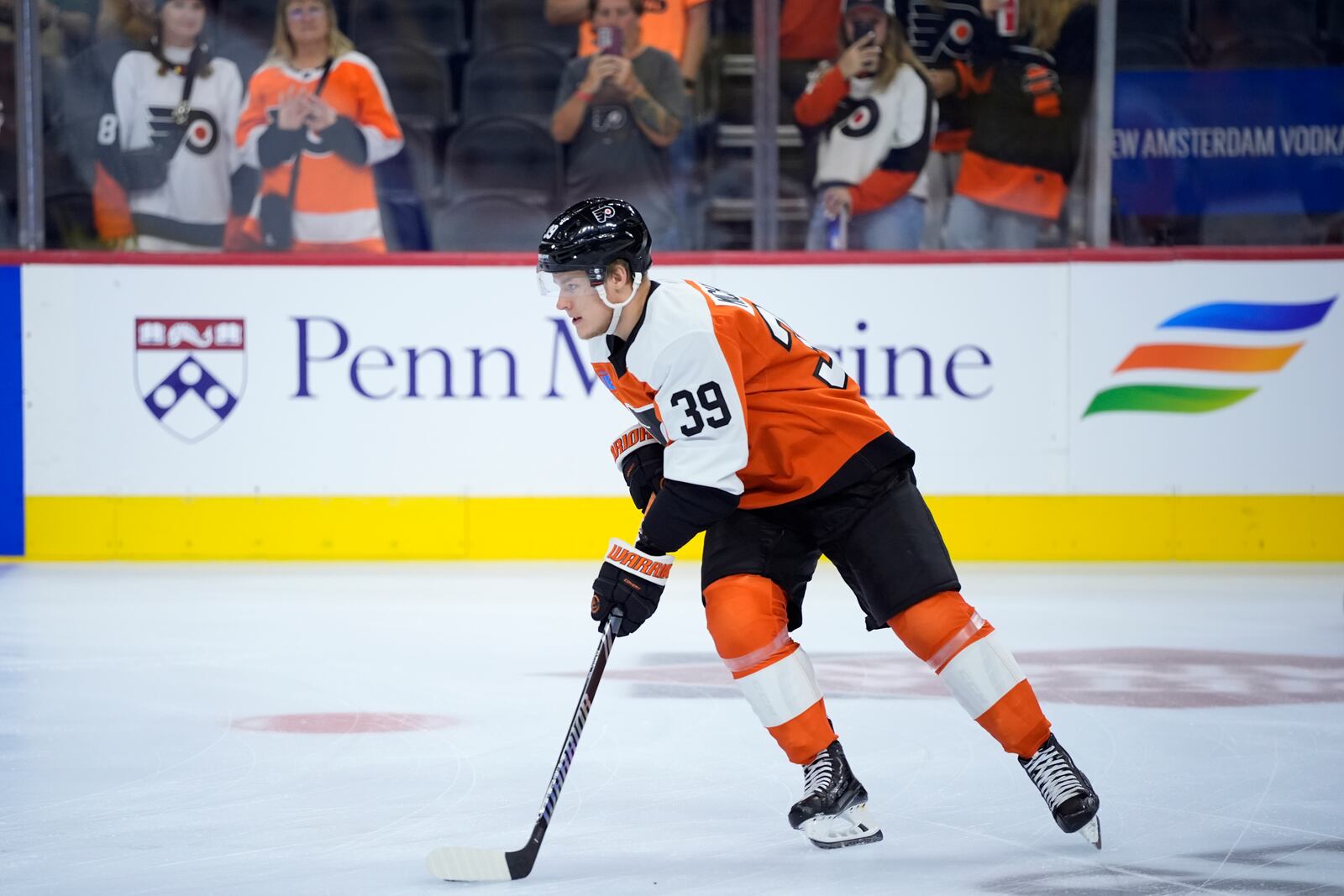 Philadelphia Flyers' Matvei Michkov warms up before a preseason NHL hockey game against the New York Islanders, Thursday, Sept. 26, 2024, in Philadelphia. (AP Photo/Matt Slocum)