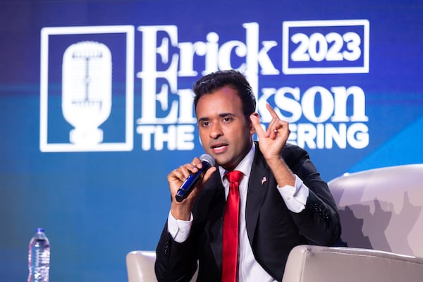 Republican presidential candidate Vivek Ramaswamy speaks at The Gathering conservative political conference in Buckhead on Saturday, August 19, 2023. (Arvin Temkar/arvin.temkar@ajc.com)
