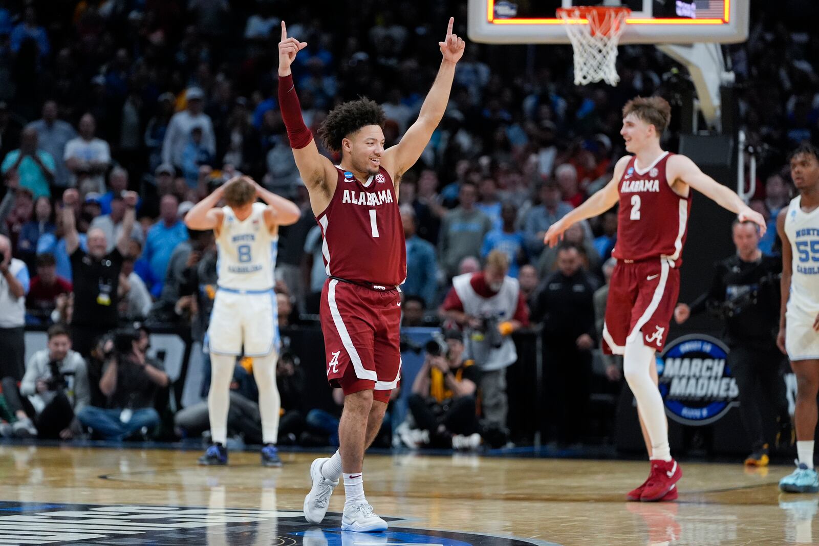 FILE - Alabama guard Mark Sears (1) and forward Grant Nelson (2) celebrate after a win over North Carolina in a Sweet 16 college basketball game in the NCAA tournament Thursday, March 28, 2024, in Los Angeles. (AP Photo/Ryan Sun, File)