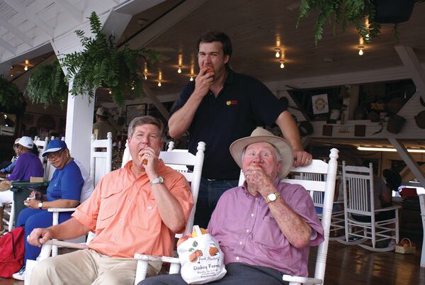 Three generations of the Dickey family still operate Dickey Farms. Standing is Robert Lee Dickey IV, and seated are Robert Lee Dickey III (left) and Robert Lee Dickey Jr. Courtesy of Dickey Farms