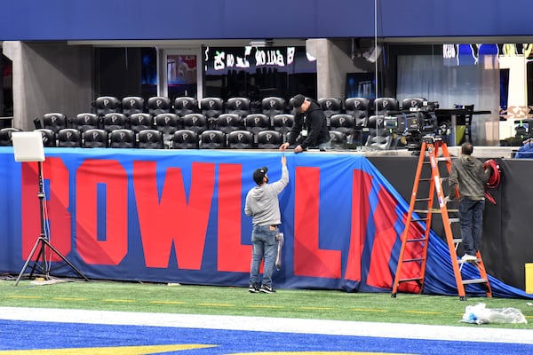 January 29, 2019 Atlanta - Stadium crew works inside Mercedes-Benz Stadium getting it ready for the Super Bowl LIII between New England Patriots and Los Angeles Rams on Tuesday, Jan. 29, 2019. (HYOSUB SHIN / HSHIN@AJC.COM)