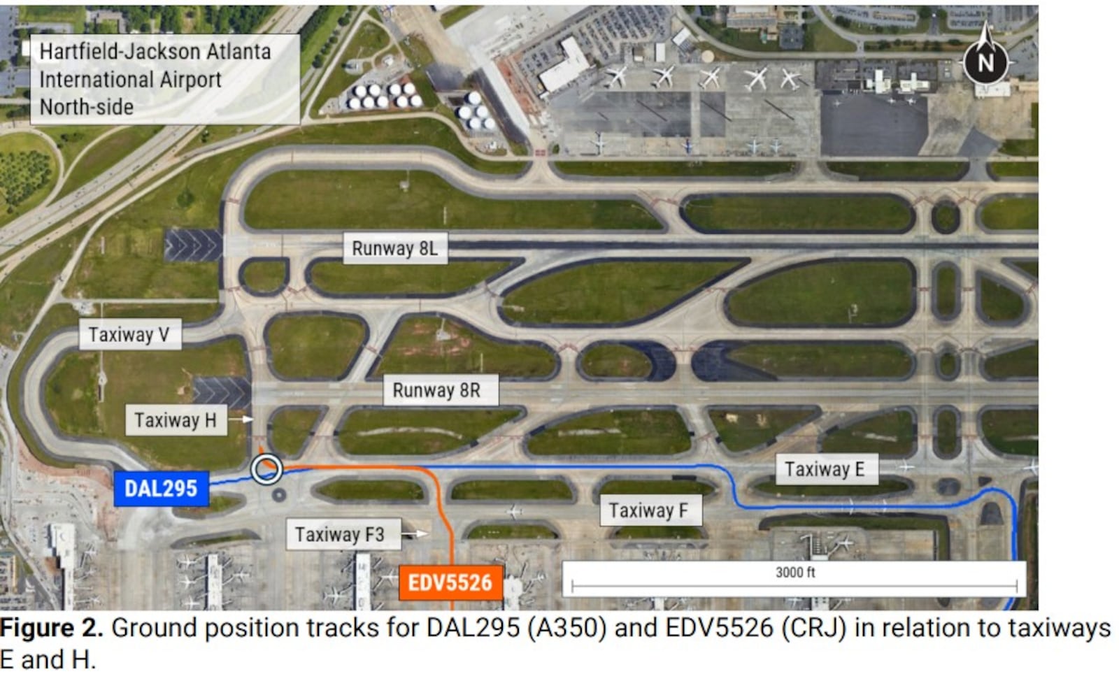 A graphic from the National Transportation Safety Board's aviation investigation preliminary report of a Sept. 10, 2024, taxiway collision at Hartsfield-Jackson. Source: NTSB