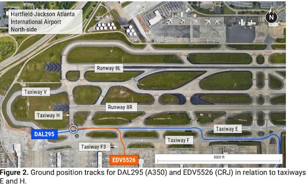 A graphic from the National Transportation Safety Board's aviation investigation preliminary report of a Sept. 10, 2024, taxiway collision at Hartsfield-Jackson. Source: NTSB