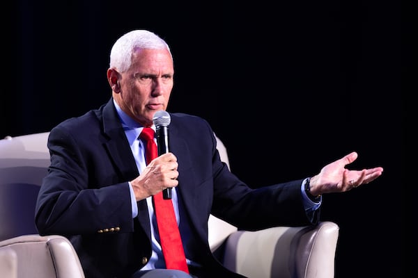 Former vice president and Republican presidential candidate Mike Pence speaks to WSB radio host Erick Erickson at The Gathering conservative political conference in Buckhead on Friday, August 18, 2023. (Arvin Temkar / arvin.temkar@ajc.com)