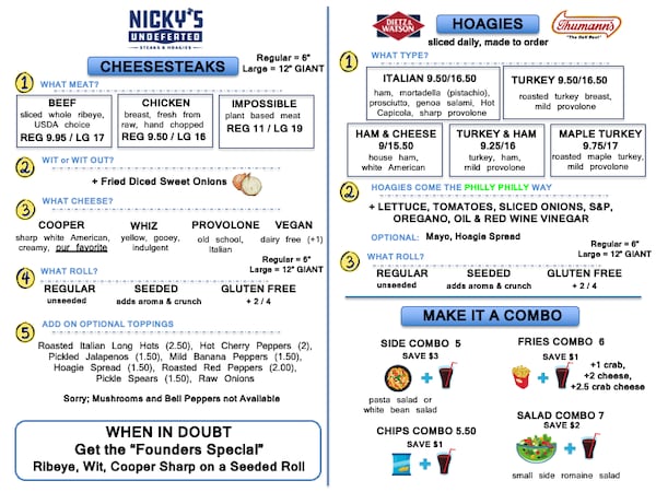 Nicky's Undefeated menu