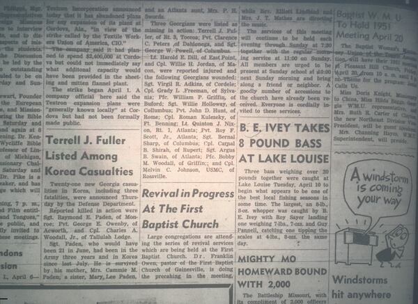 Fuller's status was reported in his hometown paper, The Toccoa Record, on April 12, 1951.