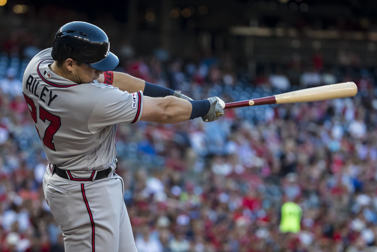 Austin Riley strokes  a two-run home run against the Washington Nationals on June 21, 2019 in Washington, DC. (Photo by Scott Taetsch/Getty Images)