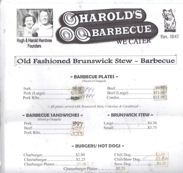 A menu from the now-closed Harold’s, once the best-known barbecue place in Atlanta. CONTRIBUTED BY JIM AUCHMUTEY