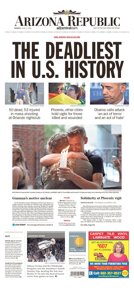 Newspaper front pages reflect Orlando tragedy