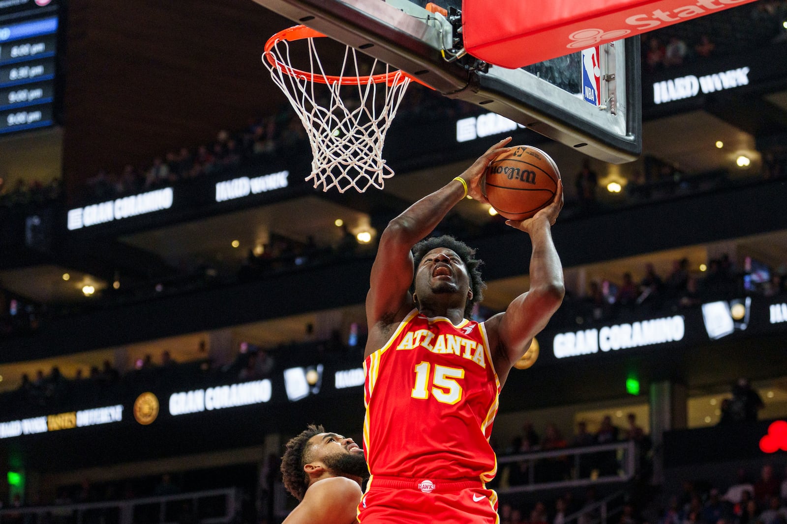 Atlanta Hawks center Clint Capela (15) goes up for a lay up during the first half of an NBA basketball game against the New York Knicks, Wednesday, Nov. 6, 2024, in Atlanta. (AP Photo/Jason Allen)