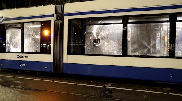 This image taken from video shows a damaged tram in Amsterdam, Monday Nov. 11, 2024, as the city is facing tensions following violence last week. (AP Photo)