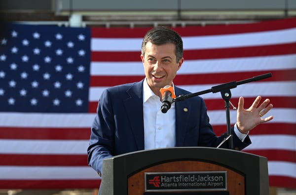 U.S. Transportation Secretary Pete Buttigieg speaks at D Modular Unit Construction Yard near Hartsfield-Jackson Atlanta International Airport on Thursday, April 25, 2024. U.S. Transportation Secretary Pete Buttigieg joined local leaders Thursday at the world’s busiest airport to mark a milestone in one of the country’s major airport infrastructure initiatives. Buttigieg joined Atlanta Mayor Andre Dickens at the construction site where work is underway to build pieces of an expansion of Hartsfield-Jackson’s Concourse D. (Hyosub Shin / AJC)