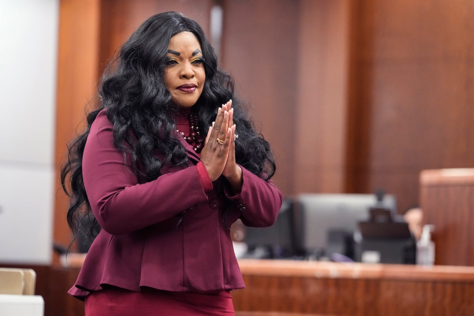 Prosecutor Tanisha Manning speaks to the jury during closing arguments in the punishment phase of former Houston Police officer Gerald Gaines' felony murder trial on Monday, Oct. 7, 2024 in Houston. Goines was found guilty of felony murder in the 2019 deaths of Dennis Tuttle and Rhogena Nicholas. (Brett Coomer/Houston Chronicle via AP)