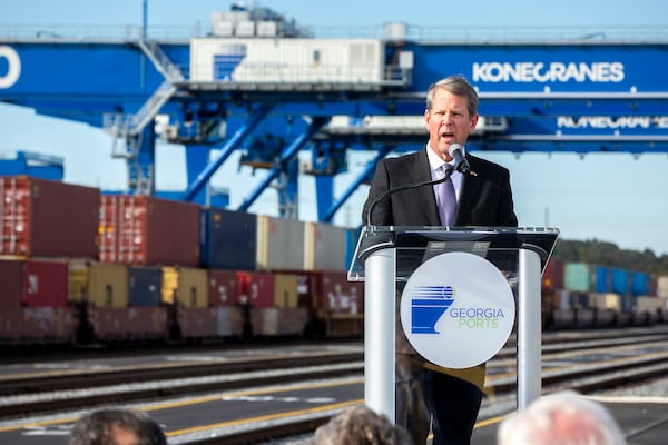 11/12/2021: SAVANNAH, GA: Georgia Gov. Brian Kemp announces the Georgia Ports Authority has now commissioned all 18 working tracks at its Mason Mega Rail Terminal at the GPA's Port of Savannah Garden City Terminal, Friday, Nov. 12, 2021, in Savannah, Ga. (AJC Photo/Stephen B. Morton)