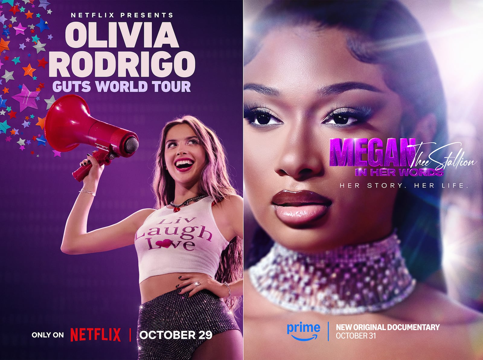 This combination of images shows promotional art for the concert film "Olivia Rodrigo: Guts World Tour," left, and the documentary "Megan Thee Stallion: In Her Words." (Netflix via AP, left, and Prime via AP)