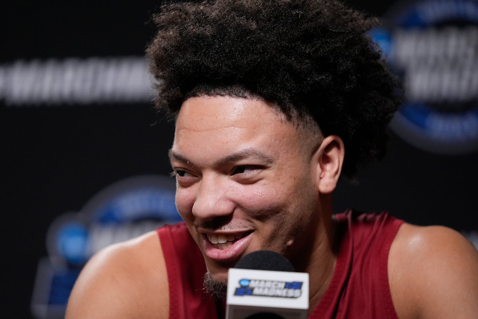 FILE - Alabama guard Mark Sears fields questions ahead of the team's Sweet Sixteen college basketball game in the NCAA tournament Wednesday, March 27, 2024, in Los Angeles. (AP Photo/Ryan Sun, File)