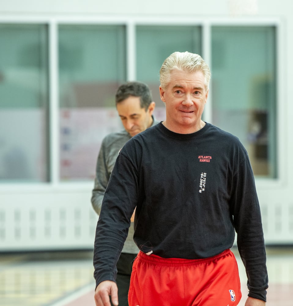 Hawks Interim Head Coach Joe Prunty moves off the practice court to answer questions about his new role on Wednesday, Feb 22, 2023 at the team’s practice facility now that the decision to fire Head Coach Nate McMillan was made.(Jenni Girtman for The Atlanta Journal-Constitution)