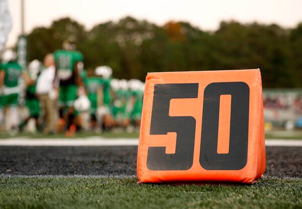 November 4, 2016 - Roswell, Ga: A 50 yard-line marker is shown before the game between Cherokee and No. 1 Roswell at Roswell High School Friday November 4, 2016, in Roswell, Ga. The winner is the Region 4-AAAAAAA champion. PHOTO / JASON GETZ