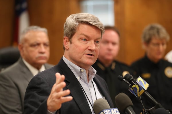 DeKalb County Deputy Chief Operating Officer Ted Rhinehart discusses the water main break on Buford Highway at the Doraville City Council Chambers Wednesday. PHOTO / JASON GETZ