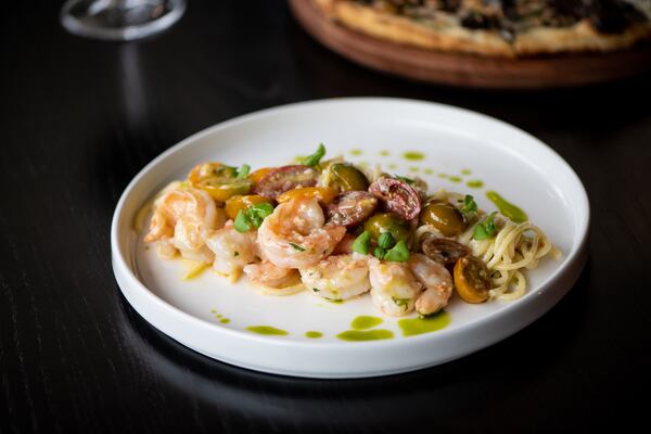 Tre Vele Spaghetti with shrimp, white wine, and tomatoes. (Mia Yakel for The Atlanta Journal-Constitution)