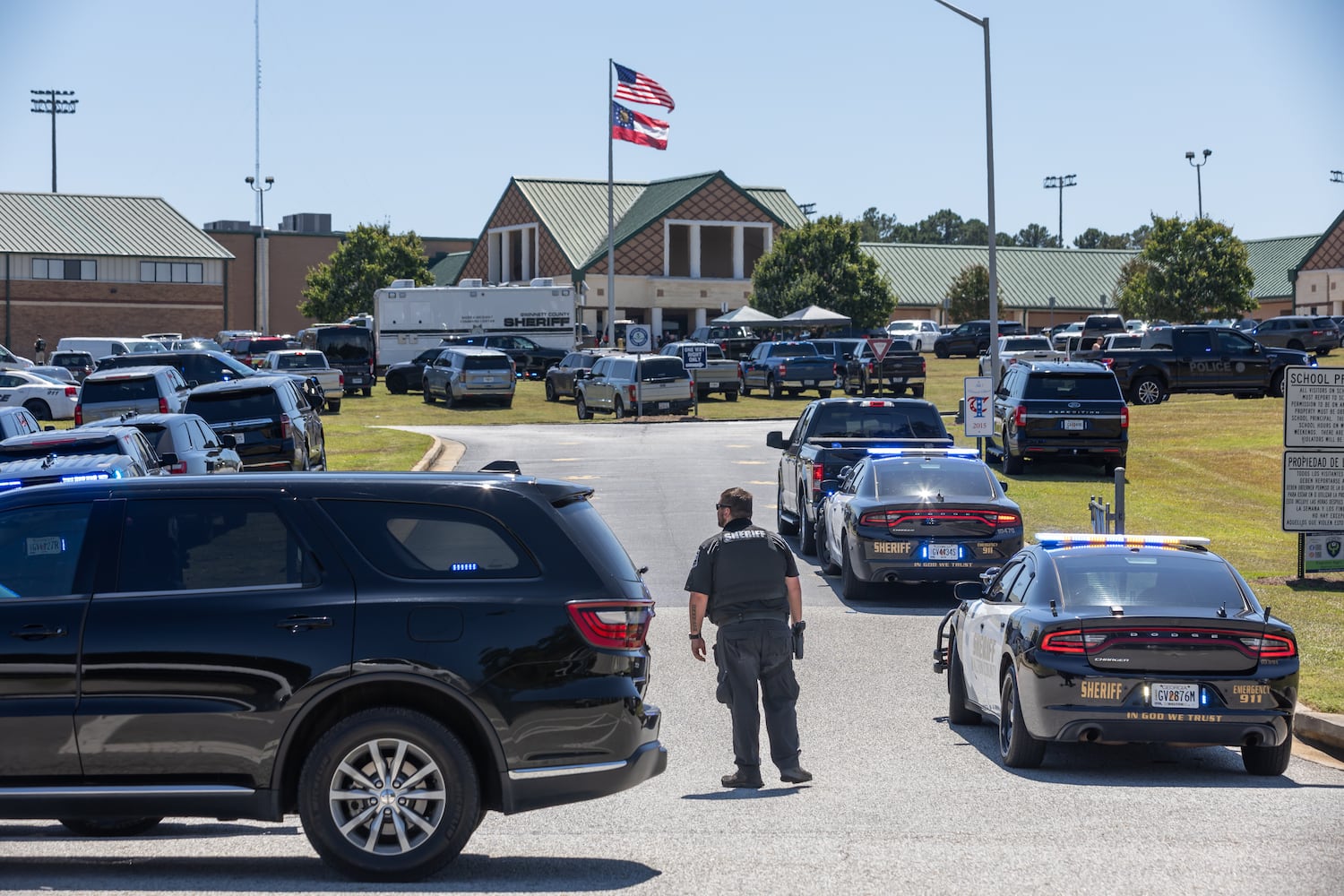 Four people were killed and nine others were taken to various hospitals after a shooting at Apalachee High School in Barrow County, the GBI said Wednesday afternoon, Sept. 4, 2024. One person was in custody, the state agency confirmed. (John Spink/AJC)