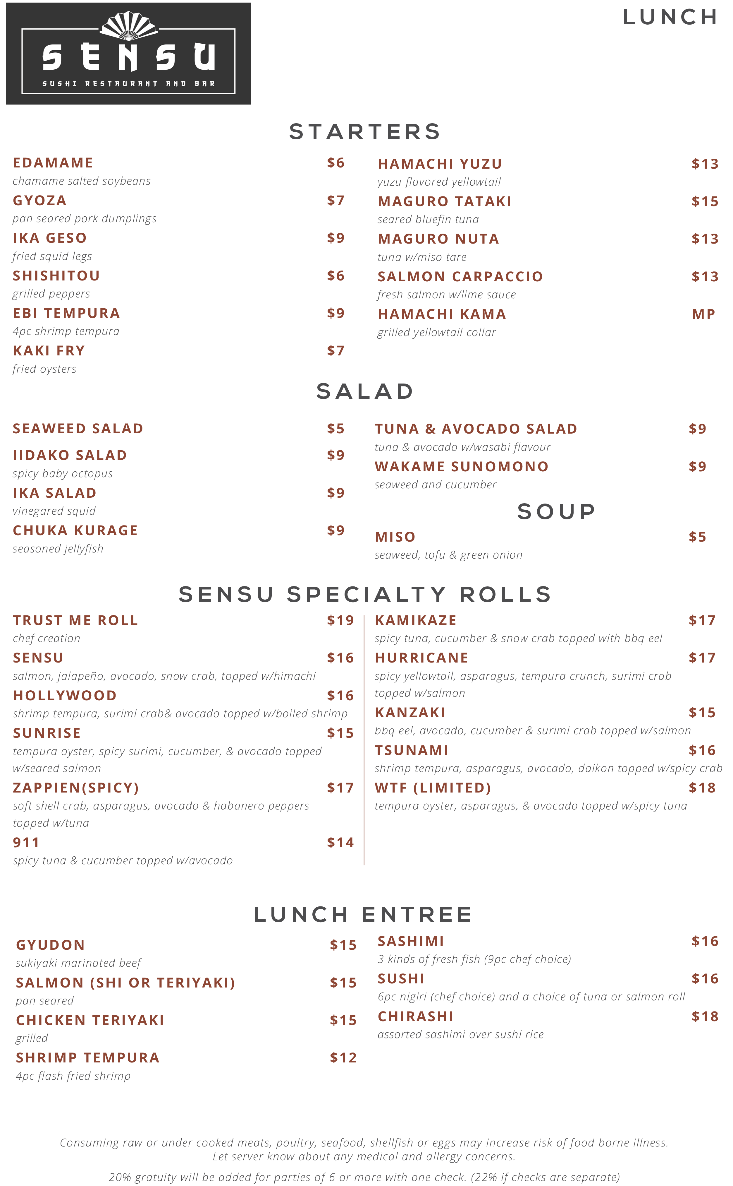 The menu for Sensu Sushi Restaurant & Bar.