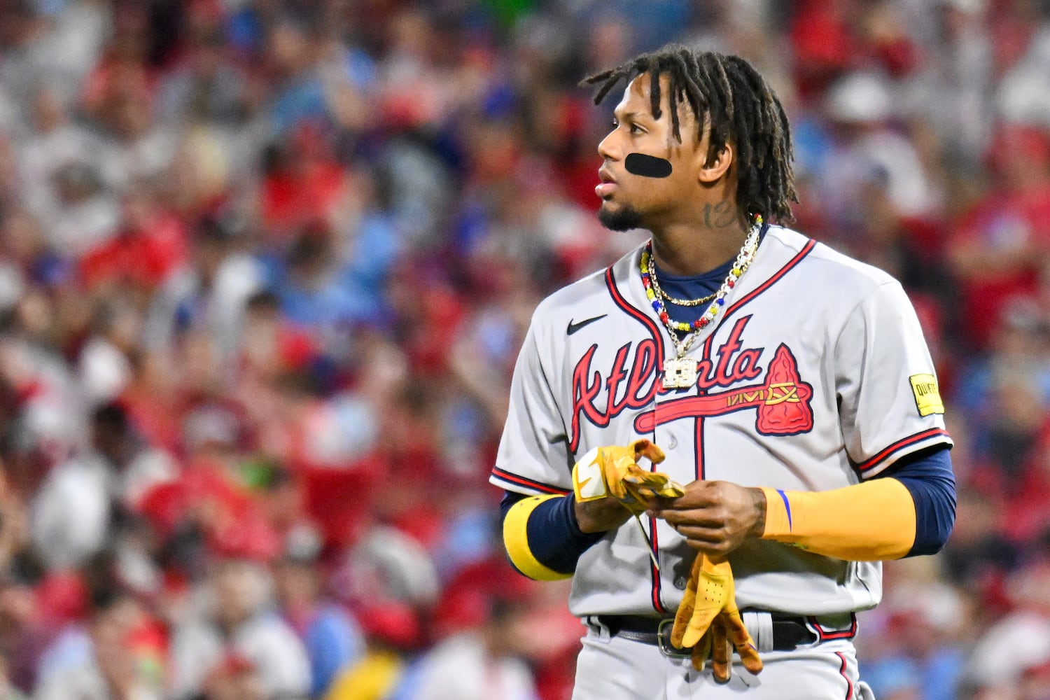 Atlanta Braves’ Ronald Acuna Jr. reacts after a fly out to the Philadelphia Phillies during the seventh inning of NLDS Game 4 at Citizens Bank Park in Philadelphia on Thursday, Oct. 12, 2023.   (Hyosub Shin / Hyosub.Shin@ajc.com)