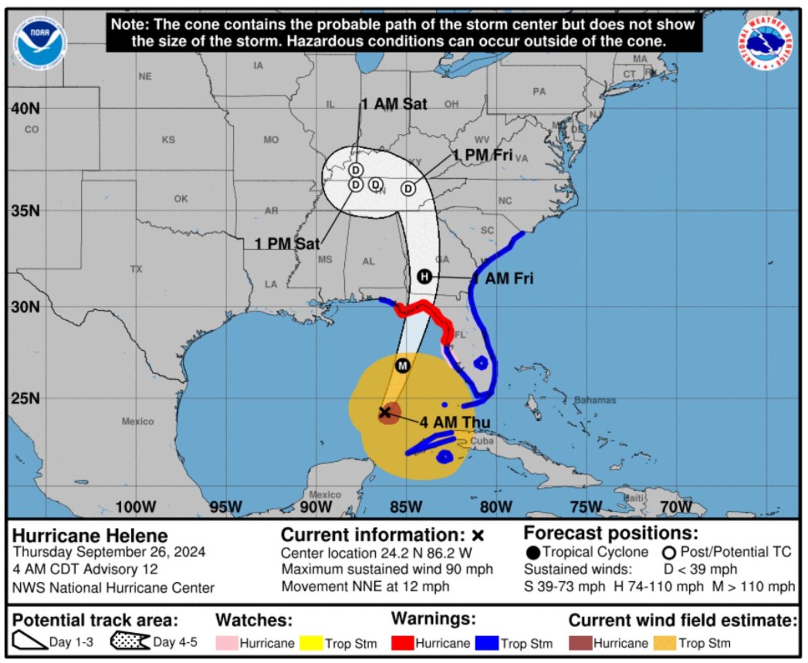 The National Hurricane Center's forecasted path of Hurricane Helene as of 6 a.m. Thursday.