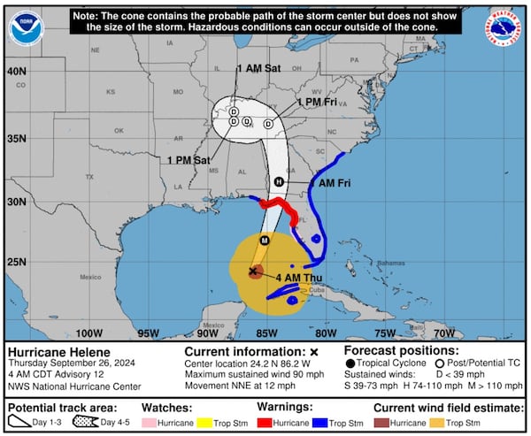 The National Hurricane Center's forecasted path of Hurricane Helene as of 6 a.m. Thursday.