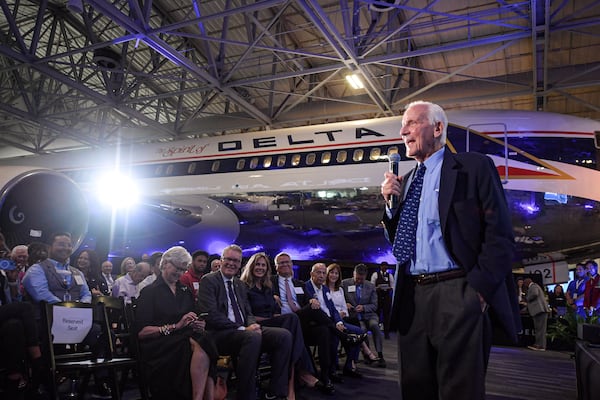 Former Delta CEO Jerry Grinstein talks during the building dedication event at Delta headquarters in Atlanta, Georgia on  Monday, June 24, 2024.  (Ziyu Julian Zhu / AJC)