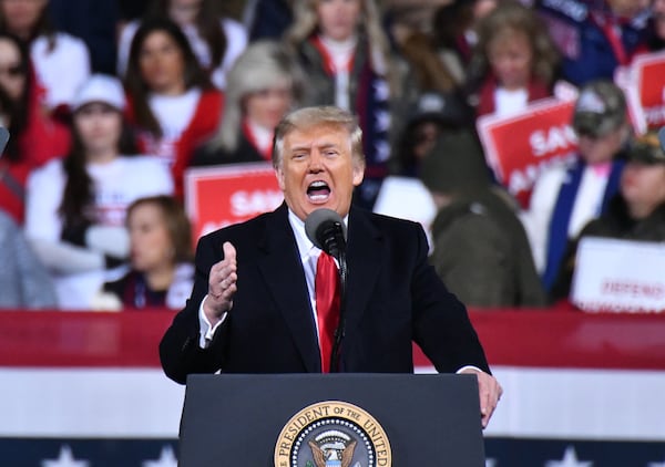 December 5, 2020 Valdosta - President Donald Trump speaks during Republican National Committee's Victory Rally at the Valdosta Flying Services in Valdosta on Saturday, December 5, 2020. (Hyosub Shin / Hyosub.Shin@ajc.com)