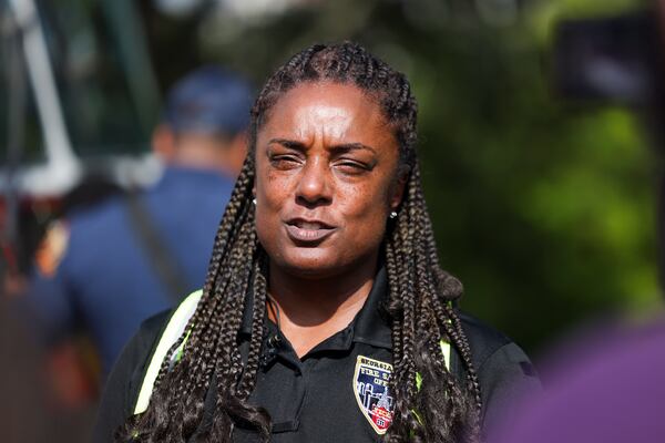 Georgia Tech Fire Safety Manager Bridget Mourao discusses a live burn.