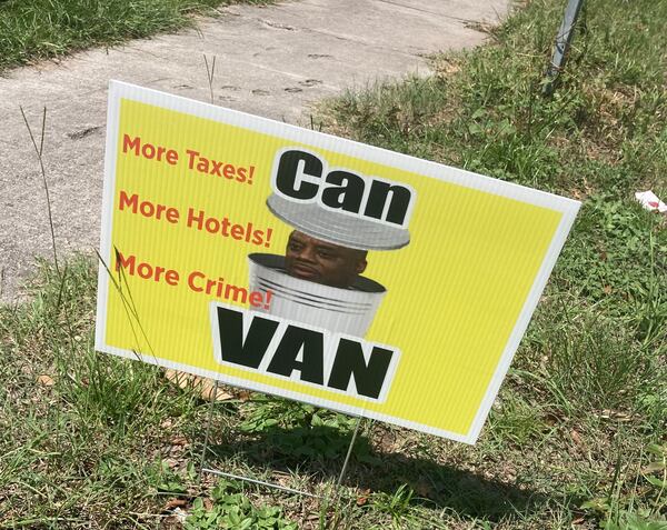 Savannah Mayor Van Johnson is depicted as "Sesame Street" character Oscar the Grouch in this yard sign. Johnson faces reelection in November. (Adam Van Brimmer/adam.vanbrimmer@ajc.com)