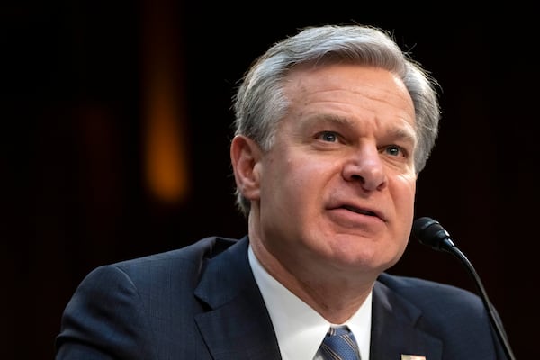 FILE - FBI Director Christopher Wray speaks during a hearing of the Senate Intelligence Committee on Capitol Hill, March 11, 2024, in Washington. (AP Photo/Mark Schiefelbein, File)