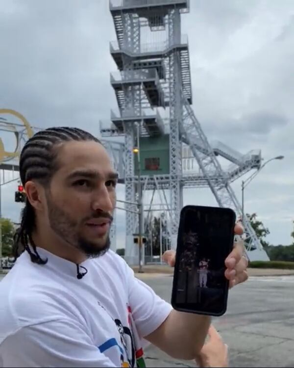 Nico Ali Walsh, a budding middleweight boxer, visited the tower where his grandfather, Muhammad Ali, lit the Olympic torch in 1996. (Courtesy of Nico Ali Walsh)