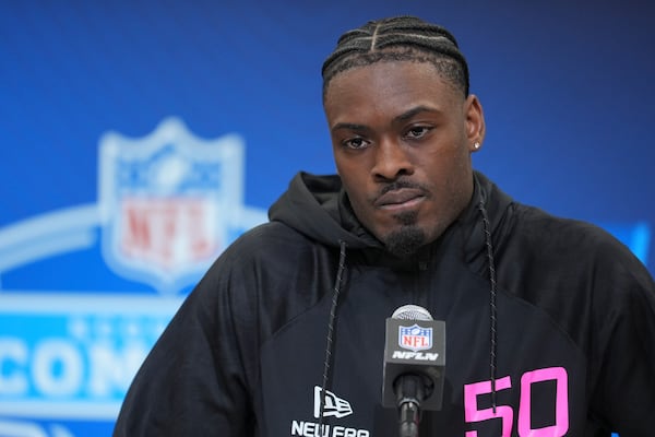 Georgia defensive back Malaki Starks speaks during a press conference at the NFL football scouting combine in Indianapolis, Thursday, Feb. 27, 2025. (AP Photo/Michael Conroy)