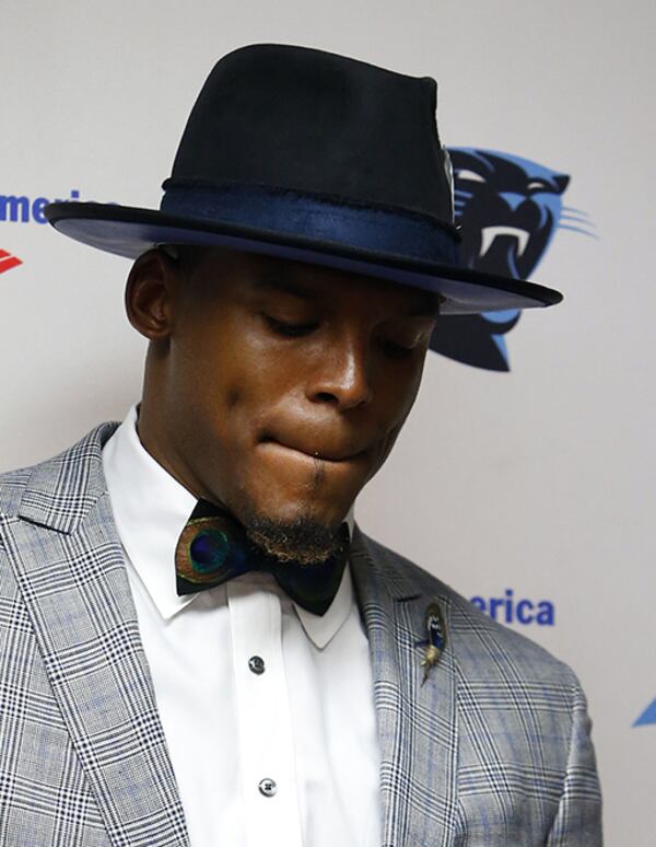 Carolina Panthers quarterback Cam Newton makes post-game statements following game in New Orleans.