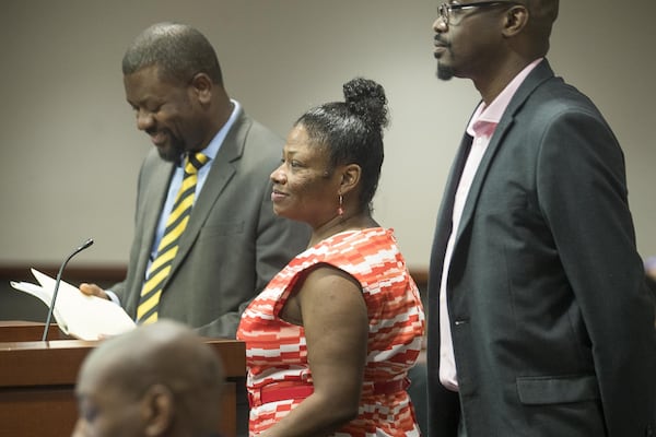 Anglea Dalton (center) speaks with Atlanta Municipal Court Judge Herman Sloan during her court case at the Lenwood Jackson Justice Center in Atlanta April 26, 2019. She was receiving drug treatment and other services at the time. ALYSSA POINTER / ALYSSA.POINTER@AJC.COM