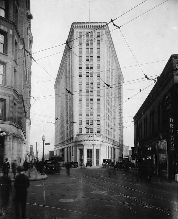 Hurt Building, a flatiron building in Atlanta, Ga. The majority of the construction work on the Hurt Building was finished by the end of 1913, after which this photo was taken. (Photo from the archives of The Atlanta Journal-Constitution)