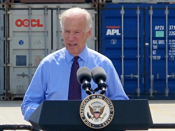 Vice President Joe Biden speaks during a visit to the Port of Charleston in Charleston, S.C., on Monday, Sept. 16, 2013. Biden also visited the Port of Savannah, saying of deepening the Savannah River channel, “We are going to get this done, as my grandfather would say, come hell or high water.”