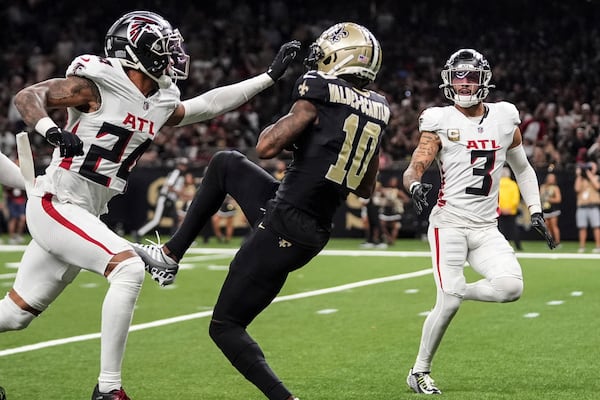 New Orleans Saints wide receiver Marquez Valdes-Scantling (10) makes the catch for a touchdown against the Atlanta Falcons during the first half of an NFL football game, Sunday, Nov. 10, 2024, in New Orleans. (AP Photo/Gerald Herbert)