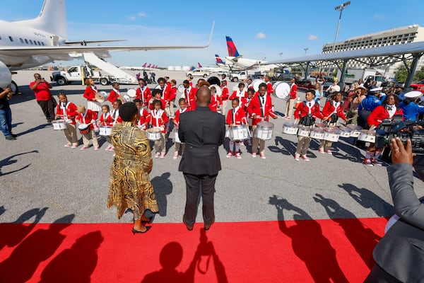 Kenya's President William Ruto and first lady Rachel Ruto, observe the Atlanta Drum Academy perform as they arrive at Hartsfield-Jackson Atlanta International Airport on Monday, May 20, 2024, for a state visit. His work agenda includes visits to the CDC, MLK museum, Coca-Cola, Carter Center, and Tyler Perry Studios.
(Miguel Martinez / AJC)