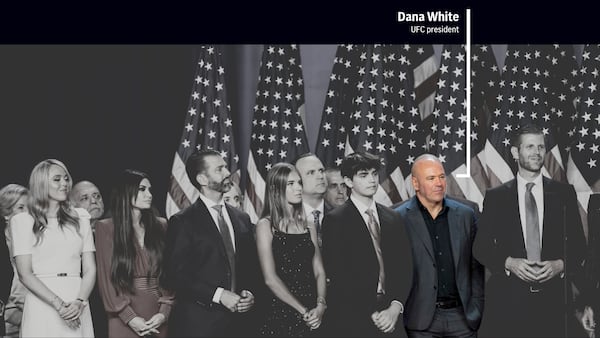 Dana White, the president of the Ultimate Fighting Championship, is among the crew of longtime friends, aides and new allies attending an election night watch party for Donald Trump. (AP Photo/Alex Brandon; AP Illustration by Alex Connor)