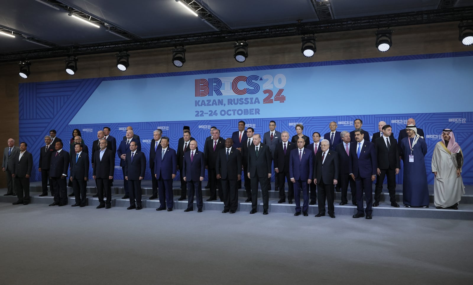 The heads of delegations pose for a family photo prior to Outreach/BRICS Plus format session at the BRICS Summit in Kazan, Russia, Thursday, Oct. 24, 2024. (Maxim Shipenkov, Pool Photo via AP)