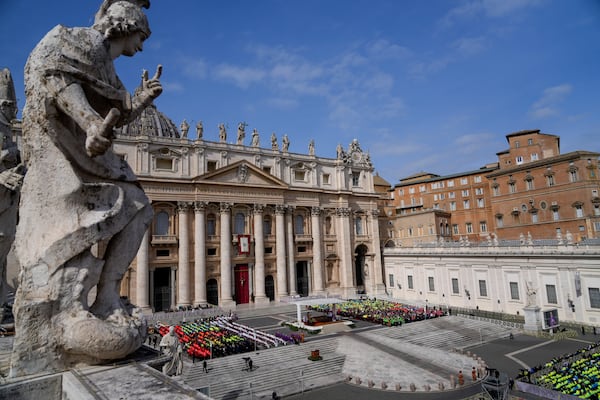 Cardinal Michael Czerny, prefect of the Dicastery for Promoting Integral Human Development, and delegate of Pope Francis celebrates a mass for the members of the world of volunteers in St. Peter's Square at The Vatican, Sunday, March 9, 2025. (AP Photo/Gregorio Borgia)