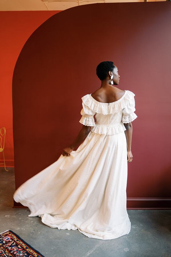 Eyelets are one of the highlights of this vintage wedding gown. 
(Courtesy of The Sentimentalist / Hannah Forsberg.)