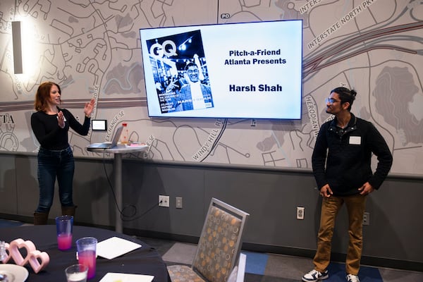 Harsh Shah (right) and Lauren Jones (left) participate in a “Pitch a Friend” dating event on Tuesday, February 11, 2025, at Main Event in Atlanta. CHRISTINA MATACOTTA FOR THE ATLANTA JOURNAL-CONSTITUTION.


